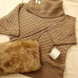 Taupe/mushroom short sleeve cowl neck sweater